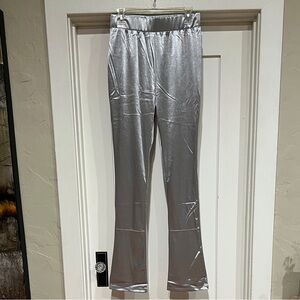 Silver Satin Pants Leggings. High-Waisted . Size L. New in bag.